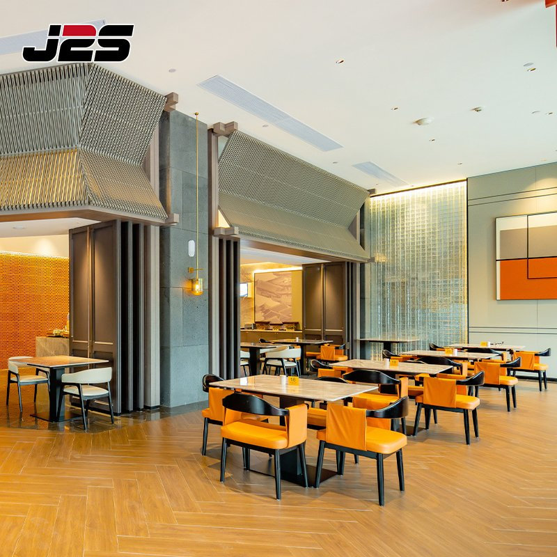 Commercial Restaurant Table and Chairs Furniture Marble Table Orange Chair Hotel Buffet Counter Area