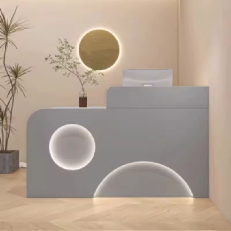 MultiColor Custom Logo Modern Luxury Wood Reception Desk Service Counter with LED Light for Hotel School Commercial Use