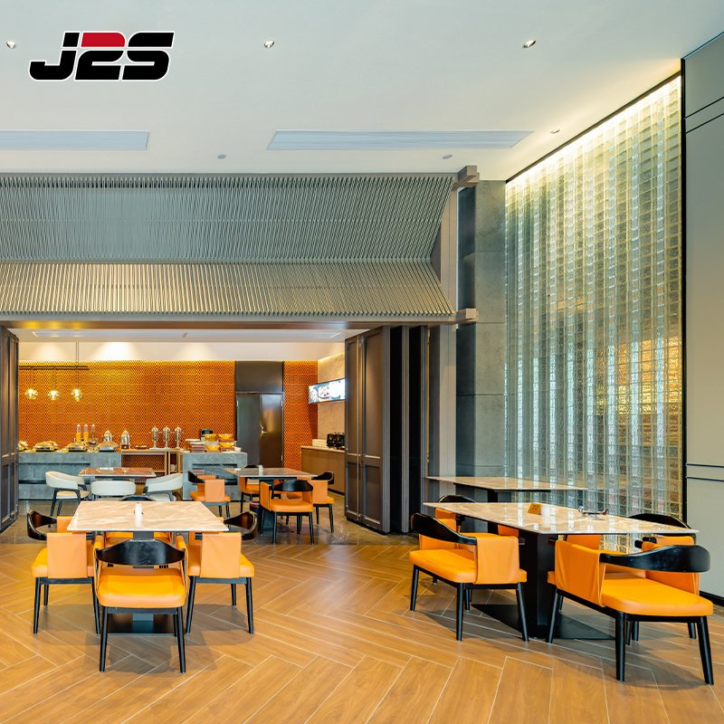 Commercial Restaurant Table and Chairs Furniture Marble Table Orange Chair Hotel Buffet Counter Area