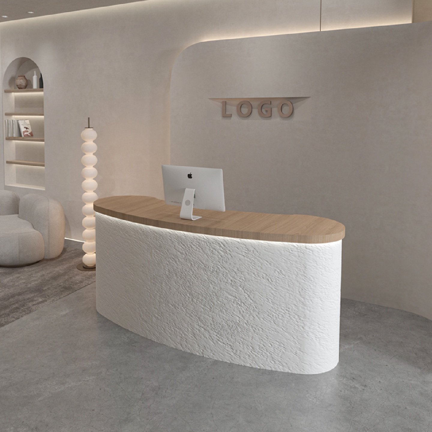 Curved Reception Counter for Cashier Clothing Store &amp; Beauty Salon Cream Color Cave Stone Front Desk
