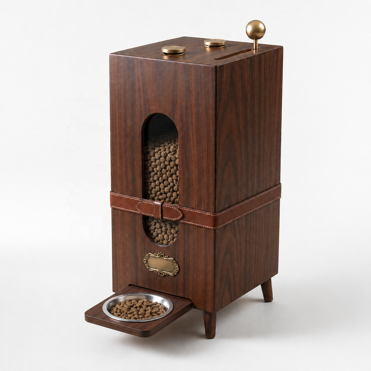 Modern Luxury Wooden Pet Feeder Cabinet with Food Storage | Walnut Pet Furniture | Leather Strap Decor | OEM Custom