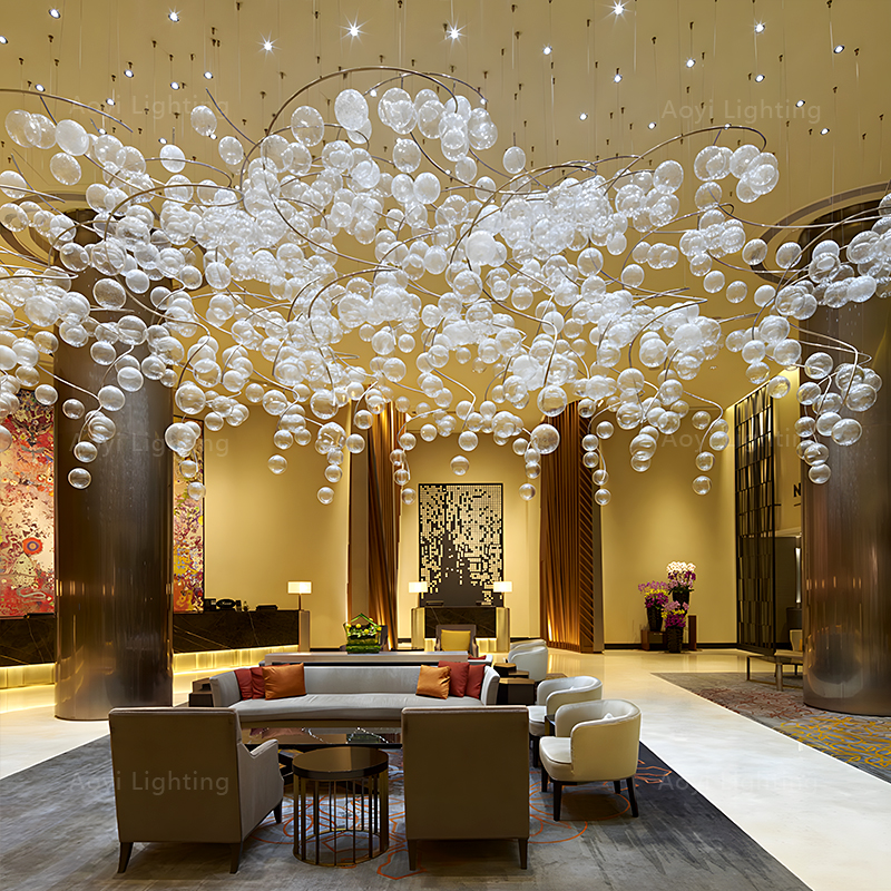 Artistic Glass Ball Chandelier Large Scale Hotel Lobby Lighting Luxury Custom Decorative Pendant Light for Commercial Space