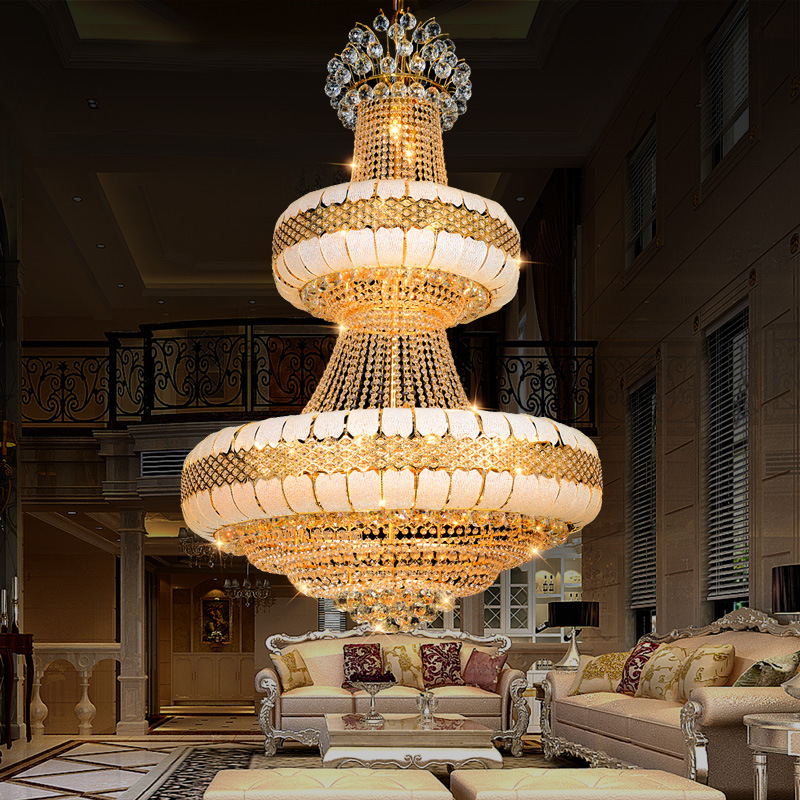 Luxury Golden Crystal Chandeliers for Hotels Villas and Sales Offices Opulent Duplex Design with Middle Sized Lamps