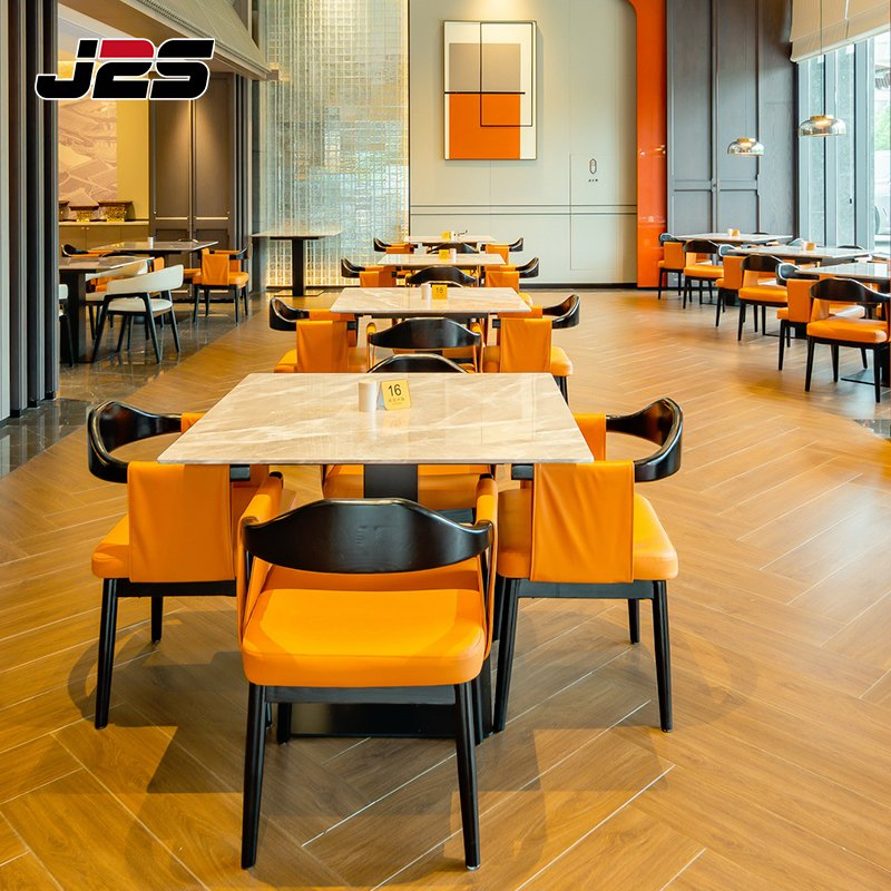 Commercial Restaurant Table and Chairs Furniture Marble Table Orange Chair Hotel Buffet Counter Area