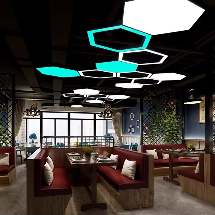 Modern Commerce Hexagon Light Indoor Decoration Lighting Gym Office LED Hanging Lamp Chandeliers Ceiling Pendant Lights