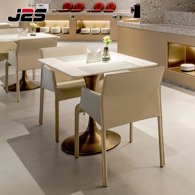 Bespoke Commercial Restaurant Furniture Two Tone Armchair Tulip Base Table White Stone Top Luxury Hotel Buffet Area