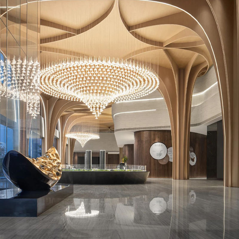 Custom Long Acrylic Pendant Lights &amp; Large Remote Control Chandeliers for Hotel Lobby Villa Clubhouse Reception &amp; Banquet Hall