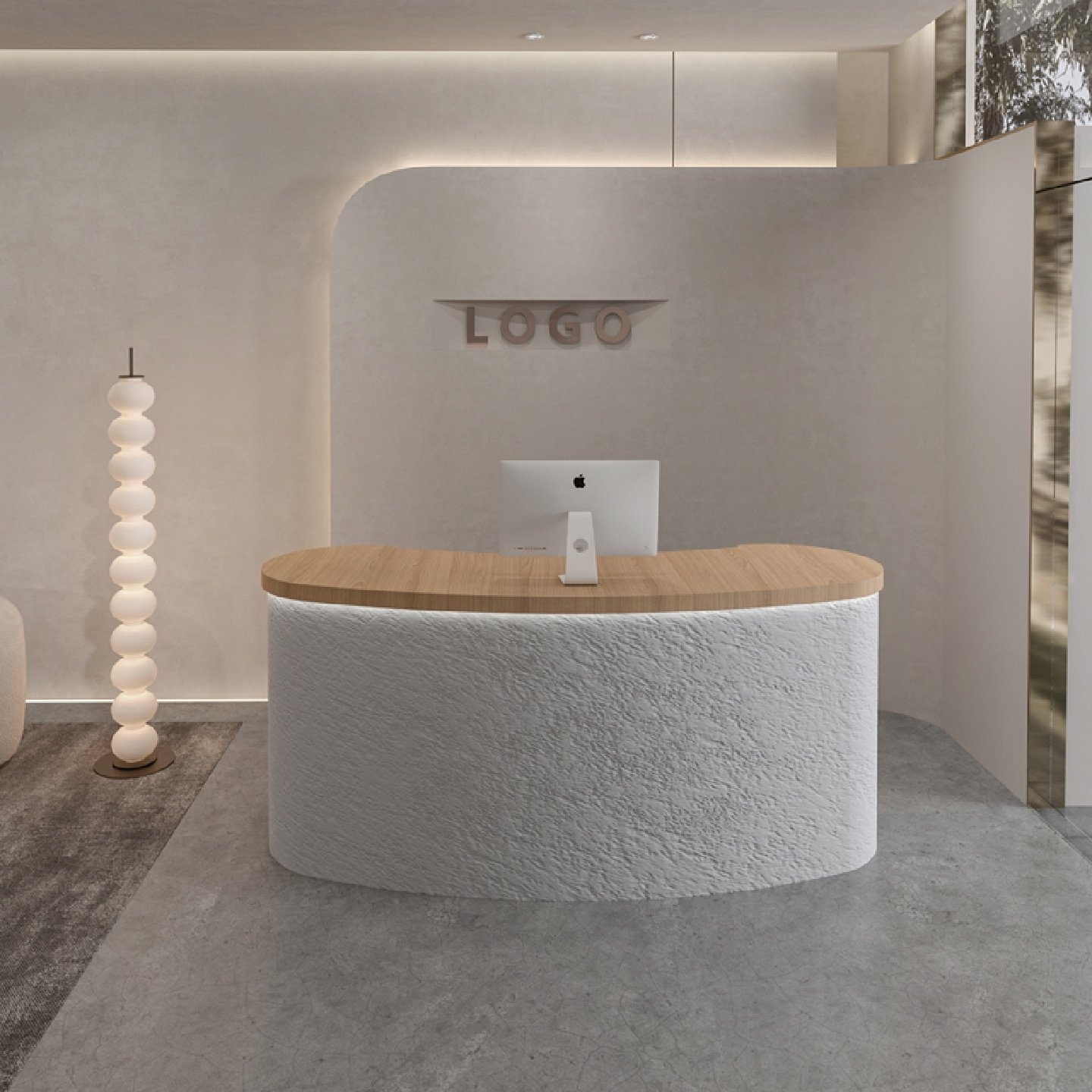 Curved Reception Counter for Cashier Clothing Store &amp; Beauty Salon Cream Color Cave Stone Front Desk