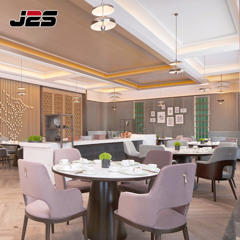 Upscale Commercial Restaurant Furniture Brown Leather Wood Armchair Square Marble Table Buffet Area Project