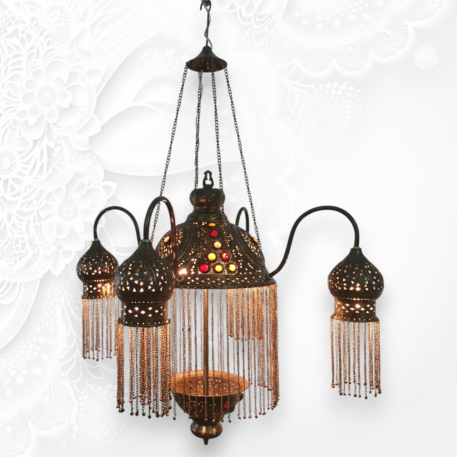 Zahereen BR264 Traditional Moroccan Brass Chandelier 4 Jeweled Shades E26 Energy Saving Gold Pendant Light Adjustable Hotel