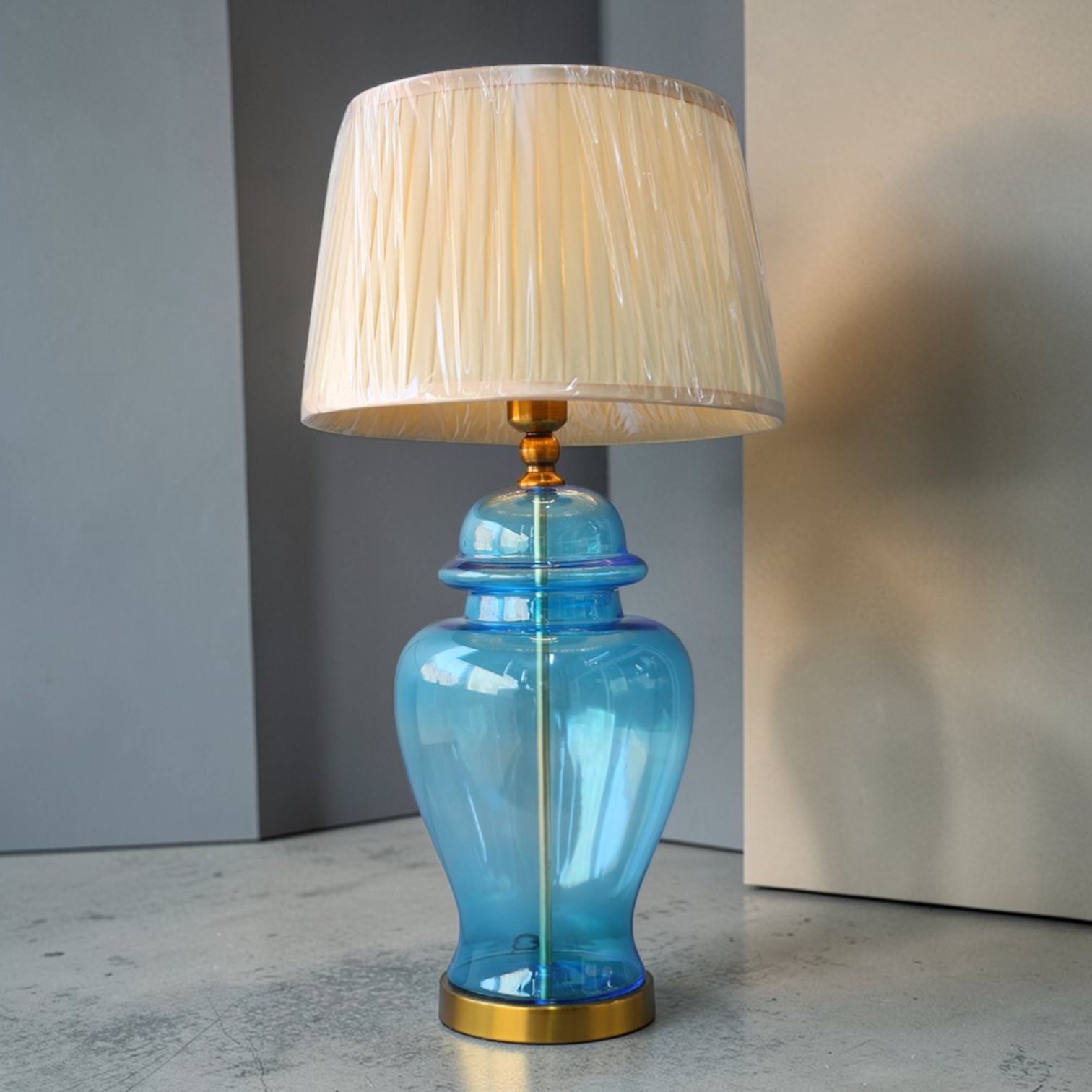Blue Glass Table Lamp Beige Fabric Drum Shade Traditional Decorative Living Room Lighting E27 LED AC 110V Switch Control
