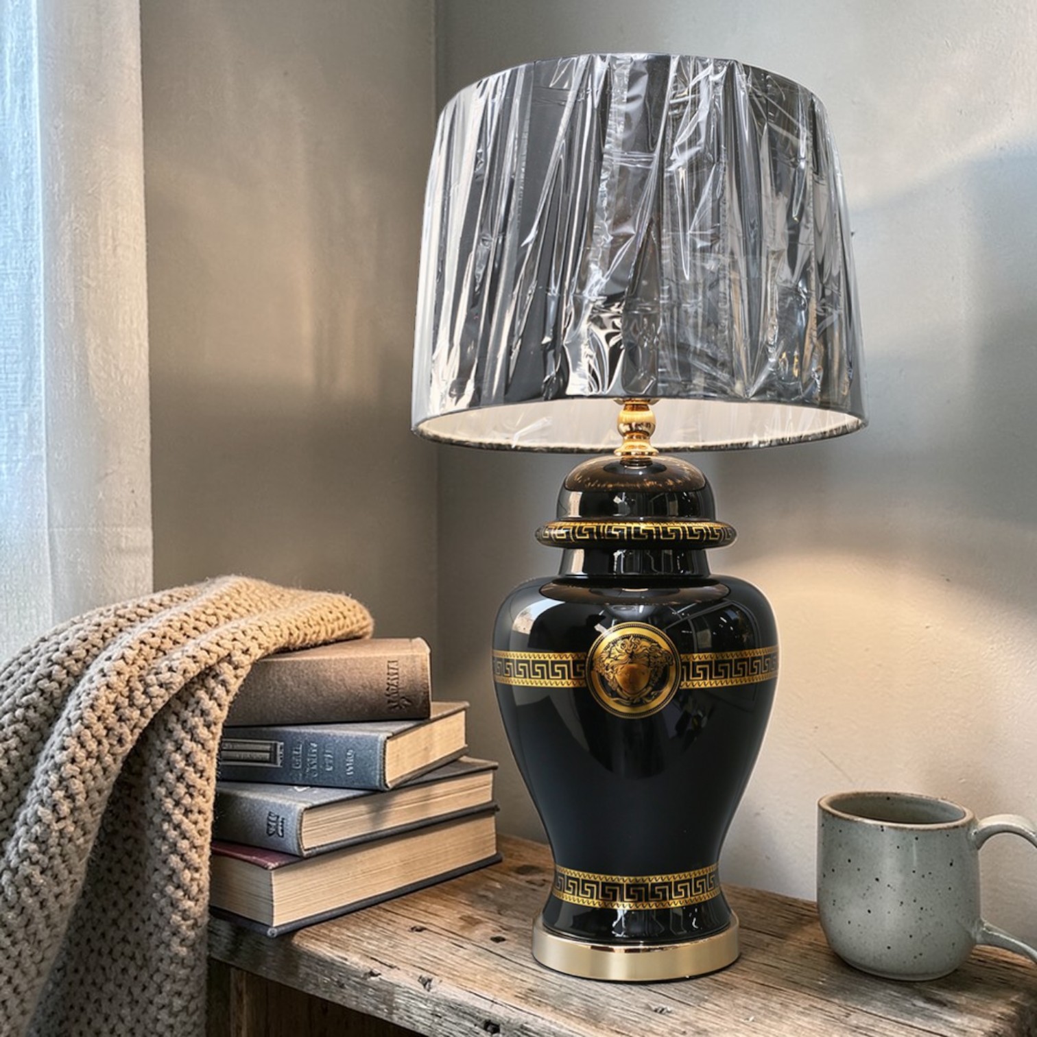 Traditional Ceramic Table Lamp Black Gold Medusa Design Drum Shade Gray Metal Shade Bedroom Decorative Lighting E27 LED 2700K