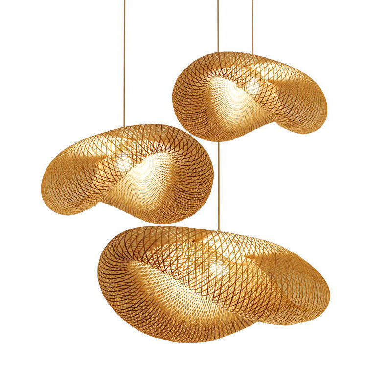 Modern Handmade Wicker Rattan Bamboo Wooden Shade Hanging Ceiling Lamp Retro Lighting for Home Woven Chandelier Pendant Light