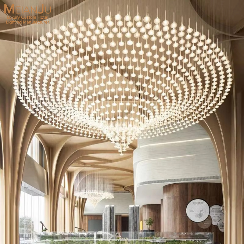Custom Long Acrylic Pendant Lights &amp; Large Remote Control Chandeliers for Hotel Lobby Villa Clubhouse Reception &amp; Banquet Hall