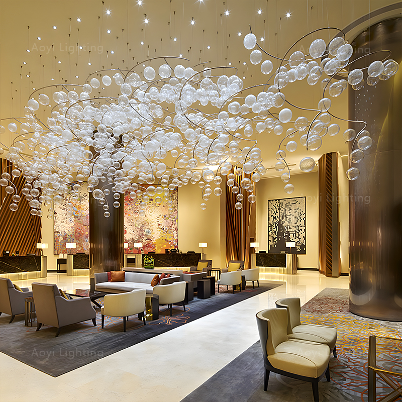 Artistic Glass Ball Chandelier Large Scale Hotel Lobby Lighting Luxury Custom Decorative Pendant Light for Commercial Space