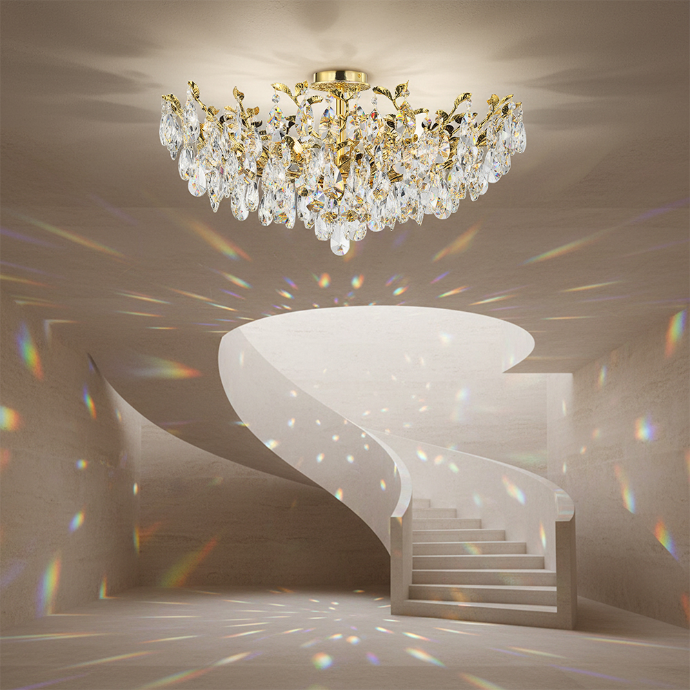 Modern Luxury K9 Crystal Ceiling Light Gold Flush Mount Chandelier For Living Room Villa Majlis Hotel CE UL SAA Certified