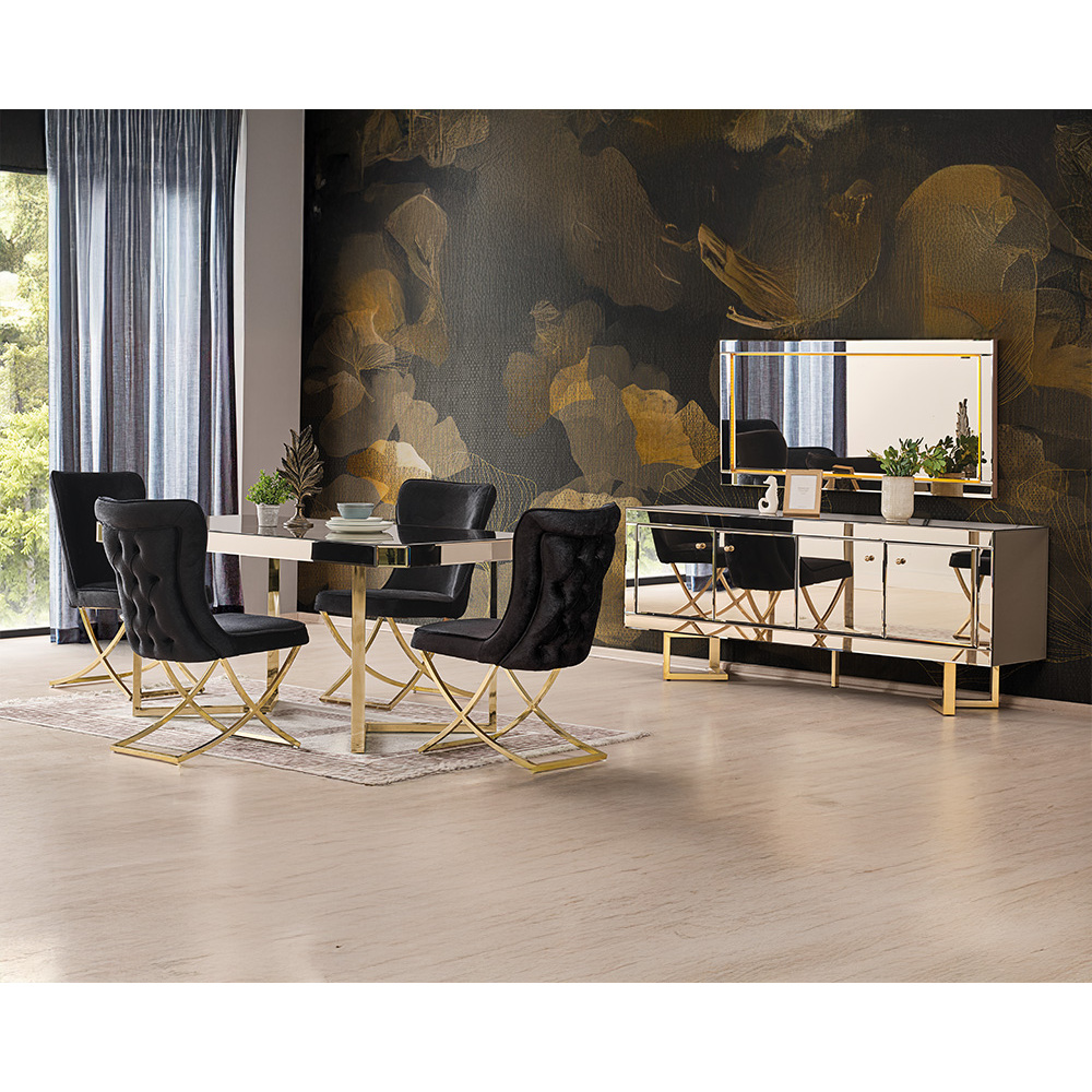Athome Modern Luxury 5-Piece Dining Room Set Extendable Gold Finish Iron Full Mirrored Furniture Classic Minimalist Rustic