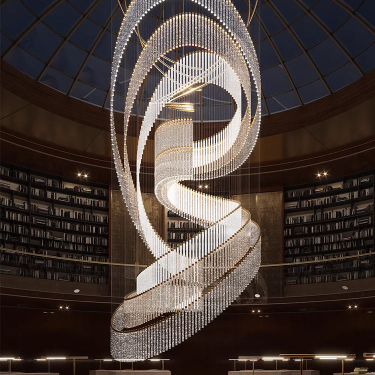 Modern Curved LED Crystal Chandelier - Customizable Large-Scale Art Lighting for Luxury Hotel Lobby/High-End Office Reception