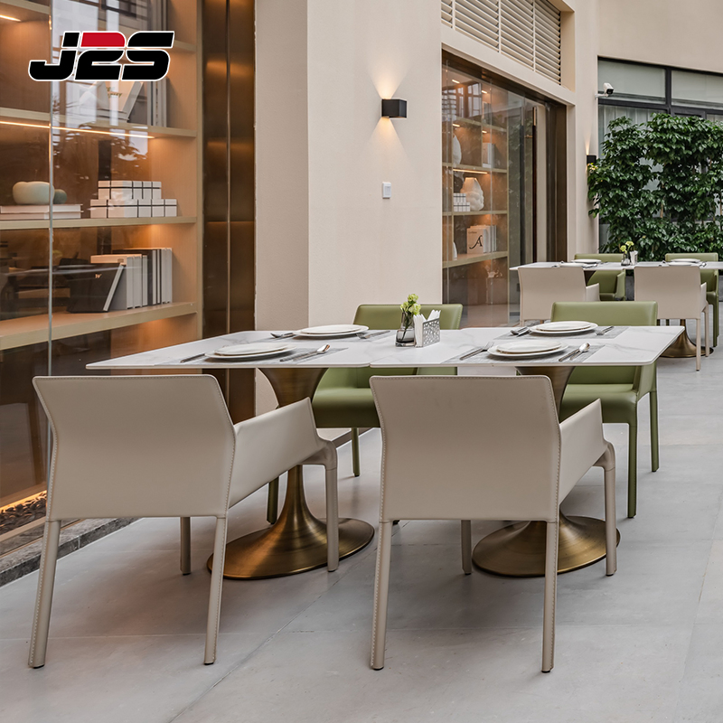 Bespoke Commercial Restaurant Furniture Two Tone Armchair Tulip Base Table White Stone Top Luxury Hotel Buffet Area
