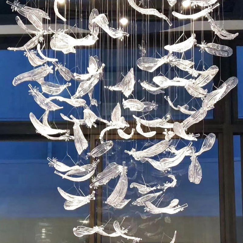 Custom Large Bar Chandelier for Luxury Hotels Lounges Square/Oval/Long Luxury LED Hanging Glass Floating Leaf Art Stair Ceiling