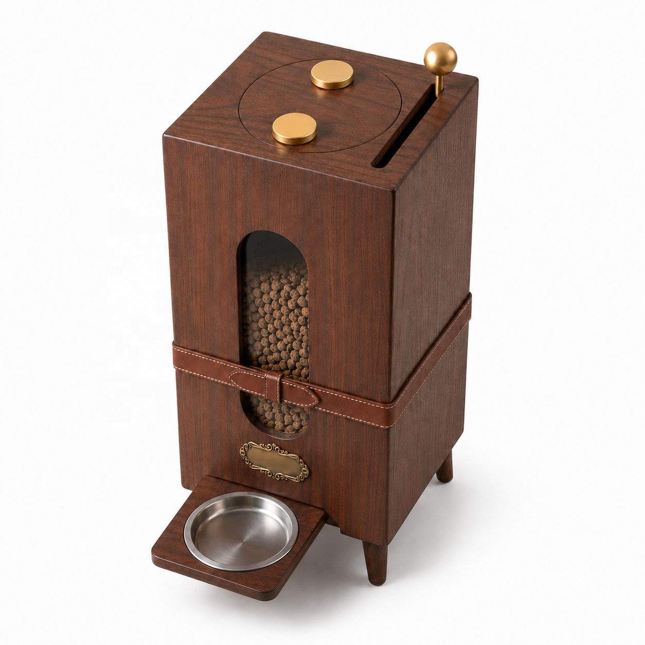 Modern Luxury Wooden Pet Feeder Cabinet with Food Storage | Walnut Pet Furniture | Leather Strap Decor | OEM Custom