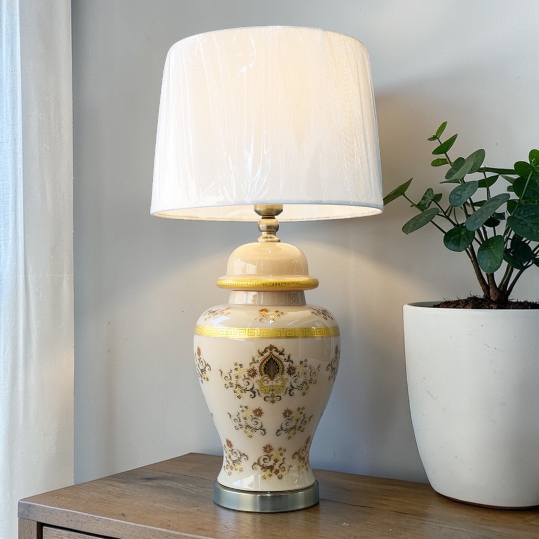 Traditional Glass Table Lamp with White Fabric Drum Shade E27 LED Warm Light Bedroom Decorative Lamp