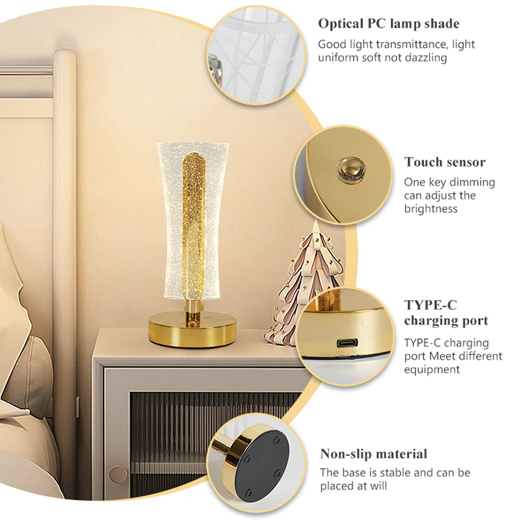 Rechargeable Touch Control Desk Lamp 3000-6000K Dimmable Cordless LED Table Lamp Gold Metal Night Light Restaurant Bedroom Bar