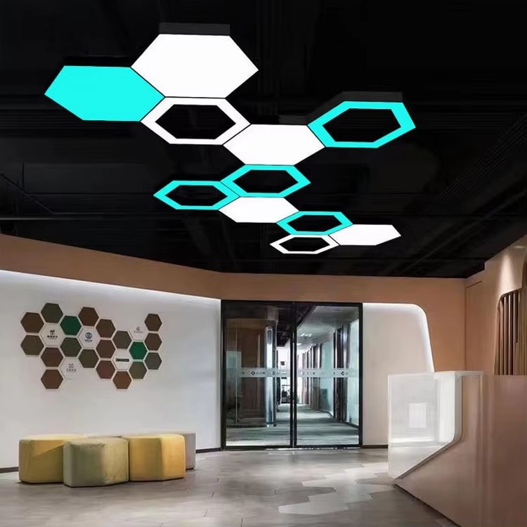 Modern Commerce Hexagon Light Indoor Decoration Lighting Gym Office LED Hanging Lamp Chandeliers Ceiling Pendant Lights