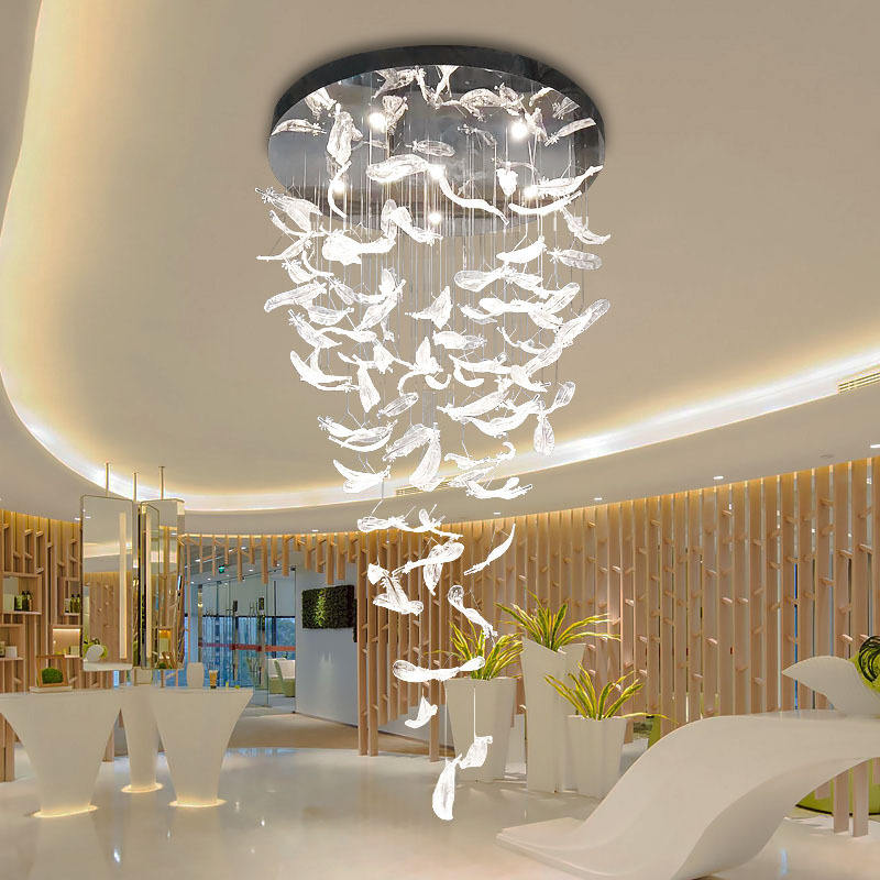 Custom Large Bar Chandelier for Luxury Hotels Lounges Square/Oval/Long Luxury LED Hanging Glass Floating Leaf Art Stair Ceiling
