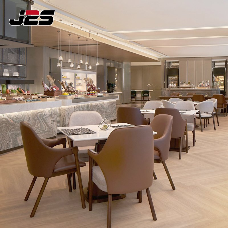 Upscale Commercial Restaurant Furniture Brown Leather Wood Armchair Square Marble Table Buffet Area Project