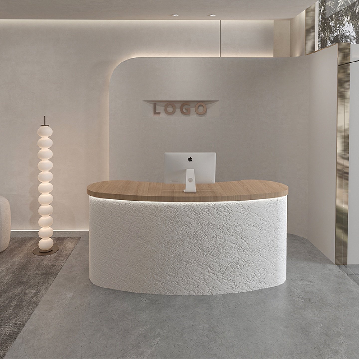 Curved Reception Counter for Cashier Clothing Store &amp; Beauty Salon Cream Color Cave Stone Front Desk