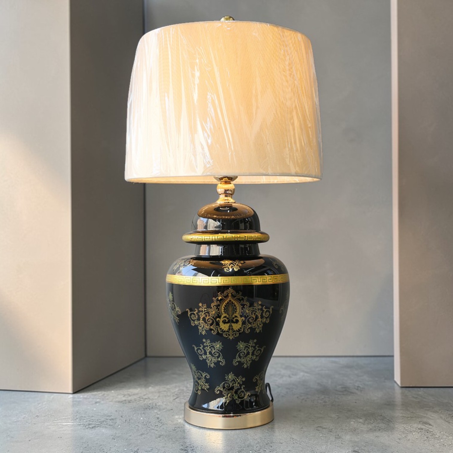 Traditional Glass Table Lamp Gold Pattern White Fabric Drum Shade Large Decorative Living Room Light E27 LED 3500K