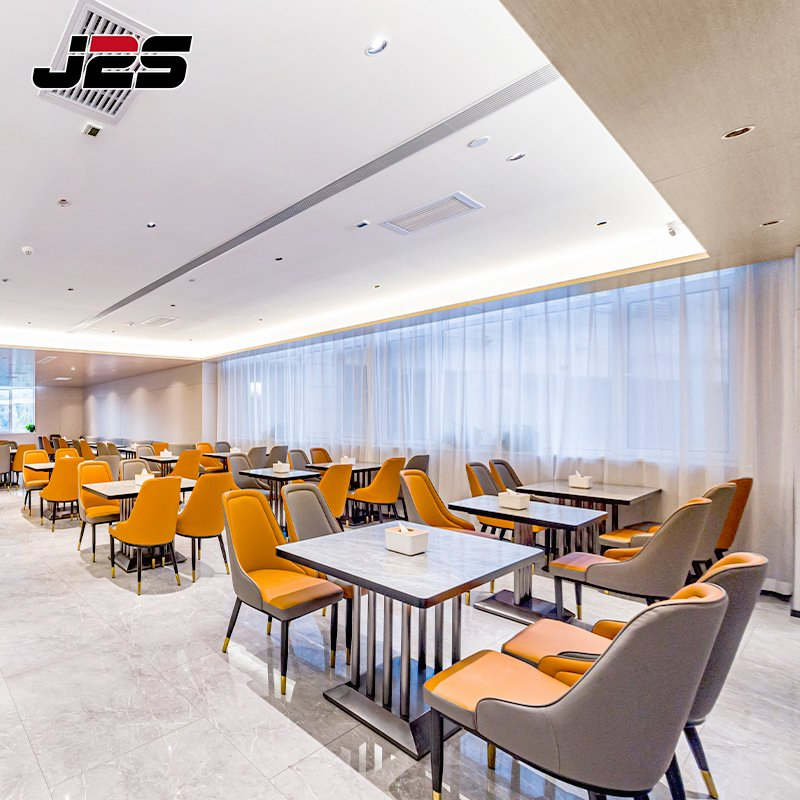 Luxury Commercial Restaurant Furniture Grey Orange Chair Marble Top Table Tubular Metal Base Hotel Buffet Lounge Area