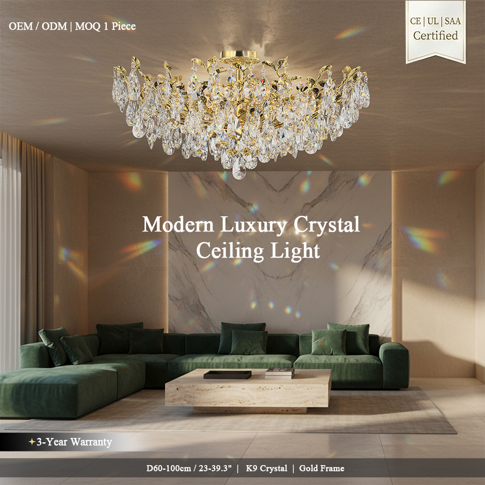 Modern Luxury K9 Crystal Ceiling Light Gold Flush Mount Chandelier For Living Room Villa Majlis Hotel CE UL SAA Certified