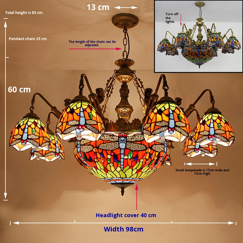 European Style Dragonfly Pastoral Tiffany Large Living Room Multi-head Chandelier Hotel Restaurant Villa Study Club Dimmable LED