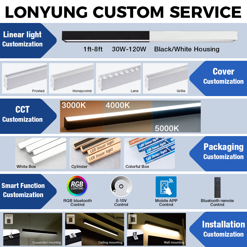 Lonyung CE ETL Black White Modern Indoor Office Square LED Linear Lamp 4FT 8FT Aluminum Long Linear Pendant Light