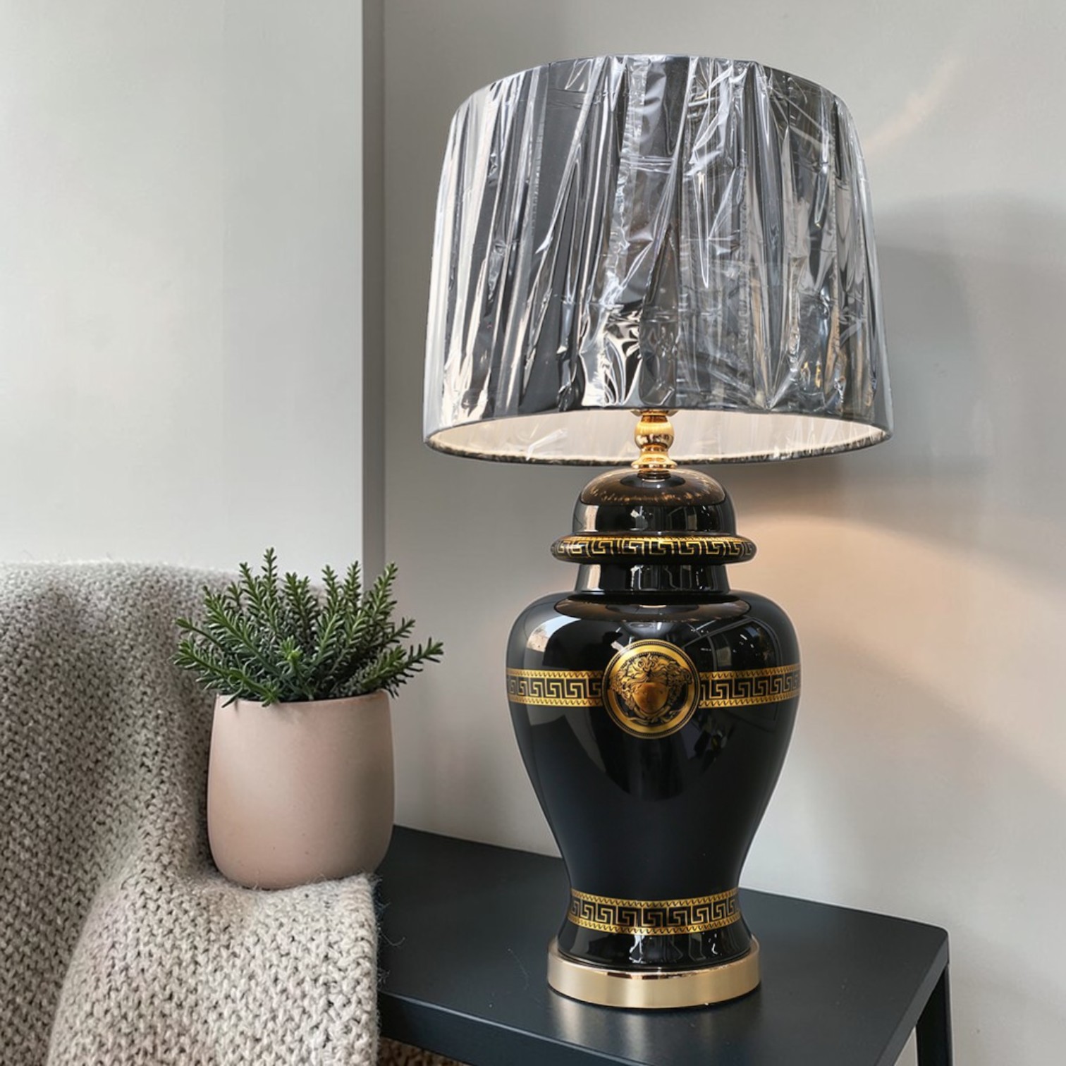 Traditional Ceramic Table Lamp Black Gold Medusa Design Drum Shade Gray Metal Shade Bedroom Decorative Lighting E27 LED 2700K