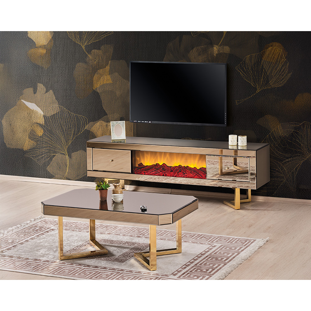 Athome Modern Luxury 5-Piece Dining Room Set Extendable Gold Finish Iron Full Mirrored Furniture Classic Minimalist Rustic