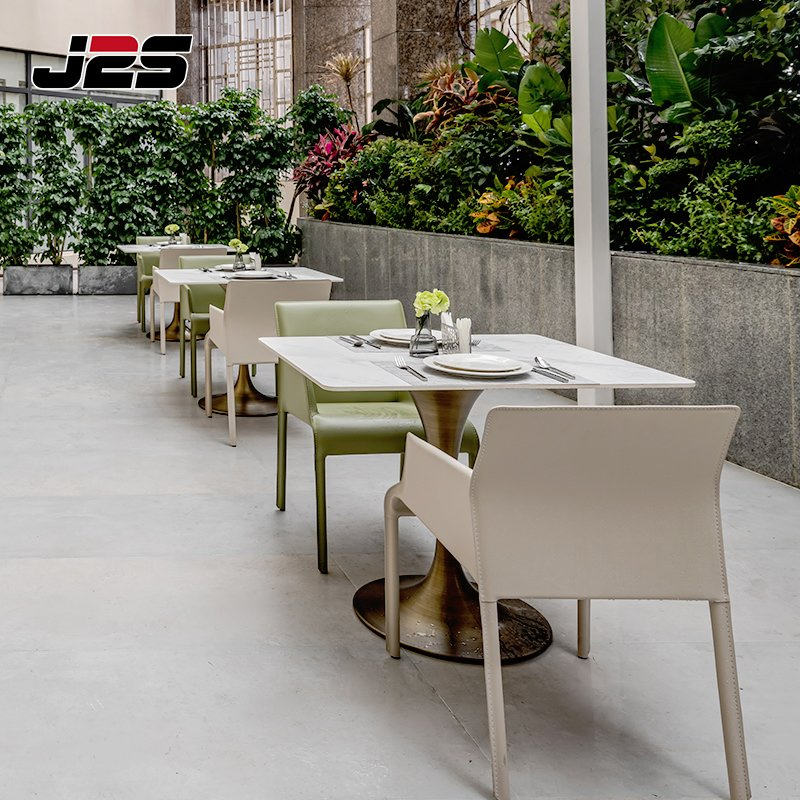 Bespoke Commercial Restaurant Furniture Two Tone Armchair Tulip Base Table White Stone Top Luxury Hotel Buffet Area