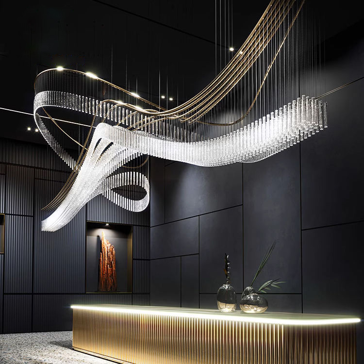 Modern Curved LED Crystal Chandelier - Customizable Large-Scale Art Lighting for Luxury Hotel Lobby/High-End Office Reception