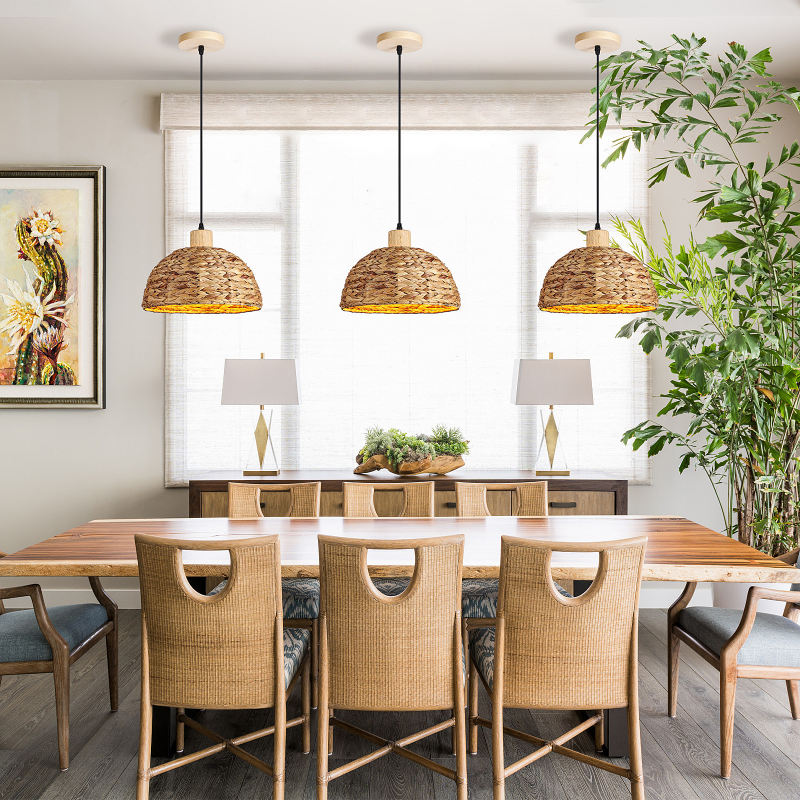 Cross-Border Long Adjustable Height Woven Rattan Chandelier Explosions American Farmhouse Wind Hostel Hotel Restaurant Bar Lamps
