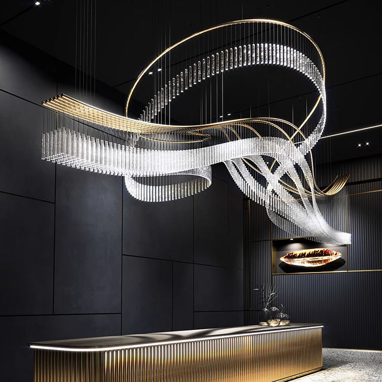 Modern Curved LED Crystal Chandelier - Customizable Large-Scale Art Lighting for Luxury Hotel Lobby/High-End Office Reception