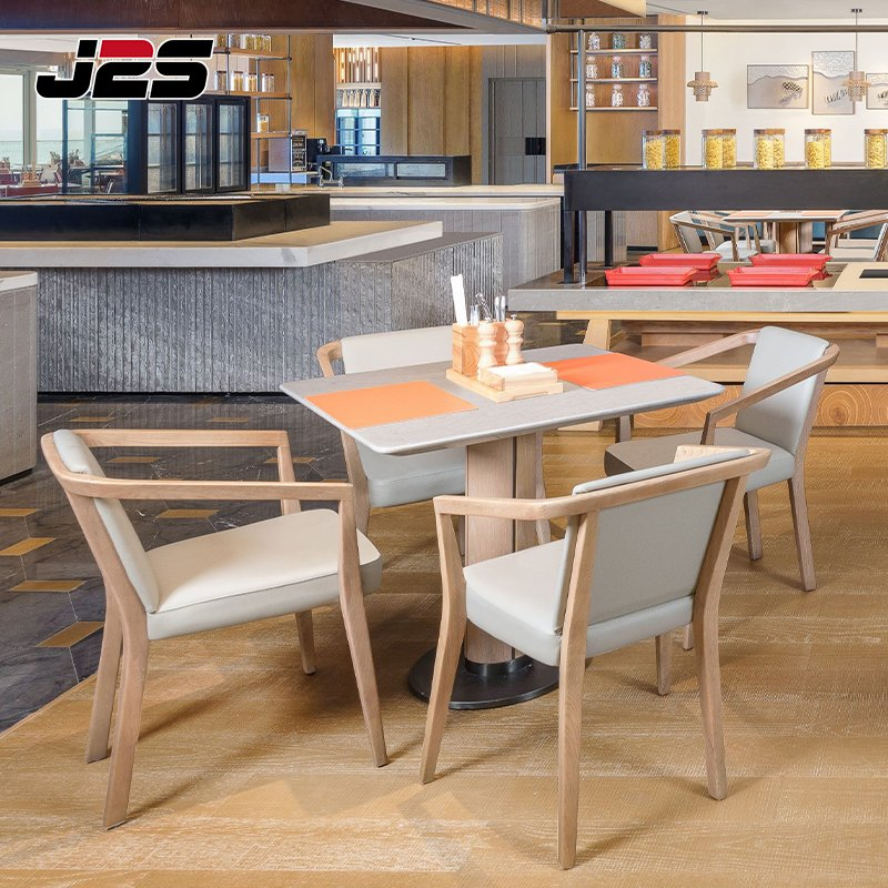 Contemporary Commercial Restaurant Furniture Grey Fabric Chair Rectangular Stone Table Solid Wood Leg Buffet Area