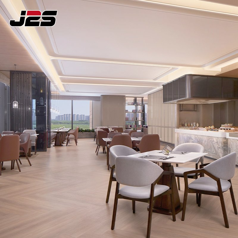Upscale Commercial Restaurant Furniture Brown Leather Wood Armchair Square Marble Table Buffet Area Project