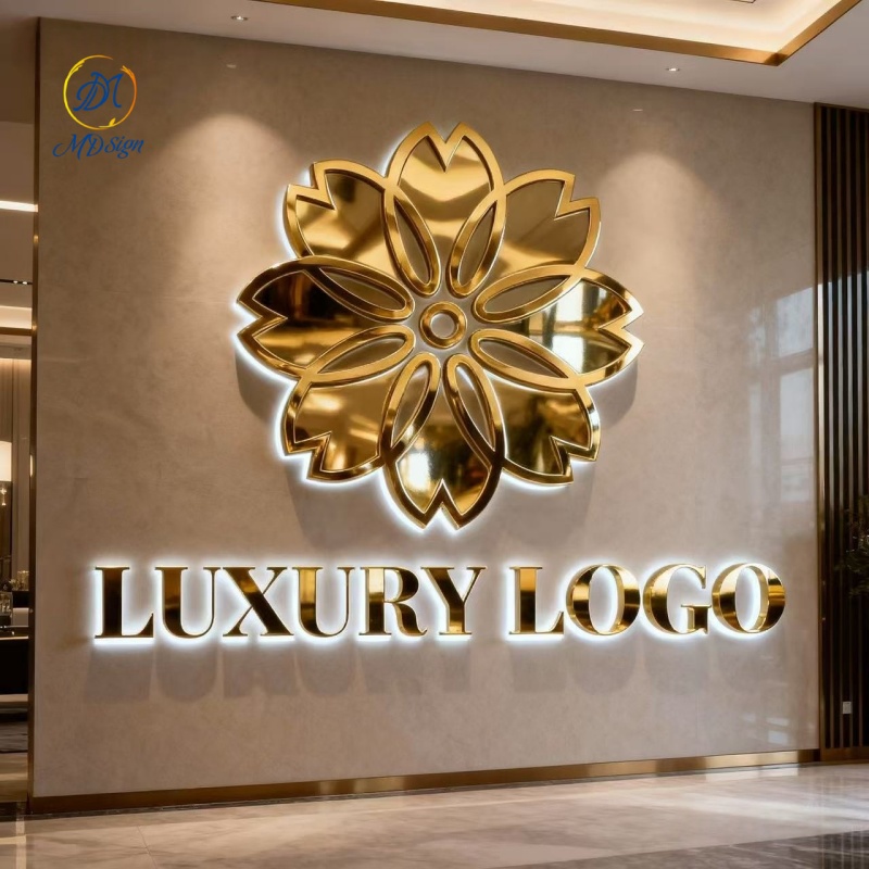 Custom Wall Reception logo Signage Acrylic Led 3D Channel Gold Backlit Letter Light up logo LED Illuminated Sign for Business