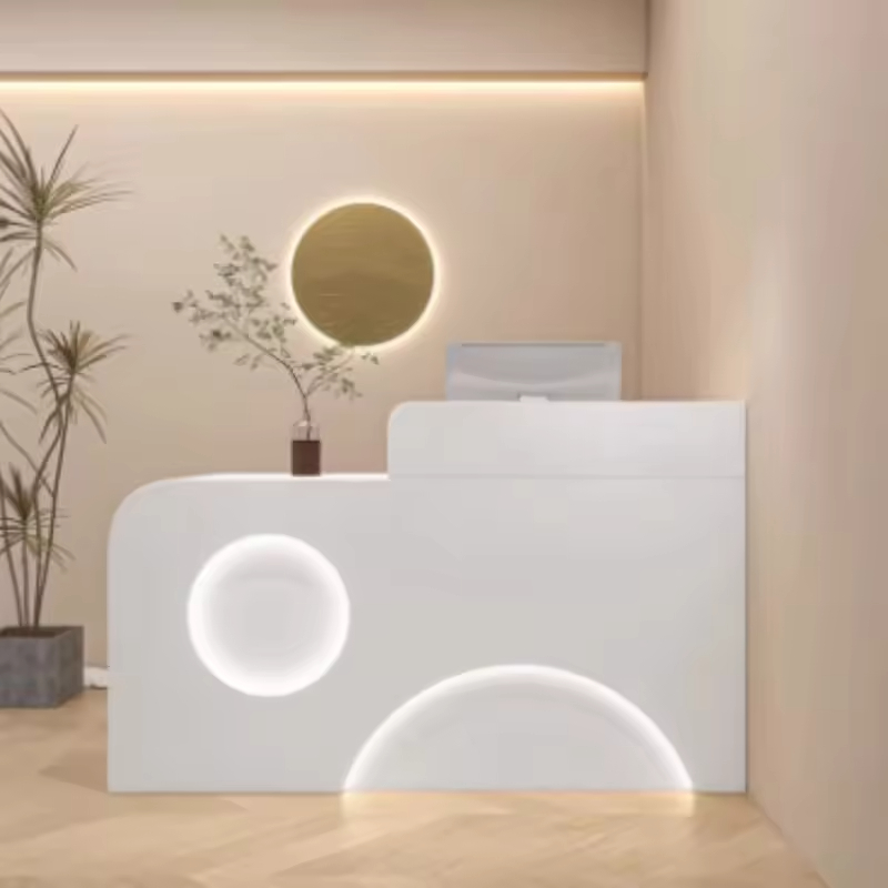 MultiColor Custom Logo Modern Luxury Wood Reception Desk Service Counter with LED Light for Hotel School Commercial Use