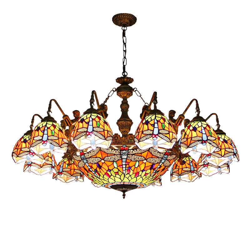 European Style Dragonfly Pastoral Tiffany Large Living Room Multi-head Chandelier Hotel Restaurant Villa Study Club Dimmable LED