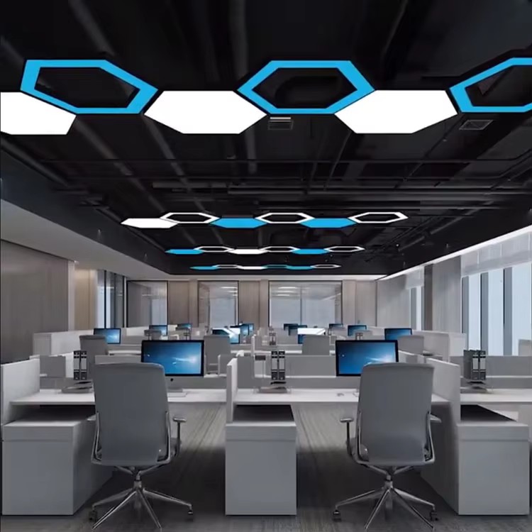 Modern Commerce Hexagon Light Indoor Decoration Lighting Gym Office LED Hanging Lamp Chandeliers Ceiling Pendant Lights