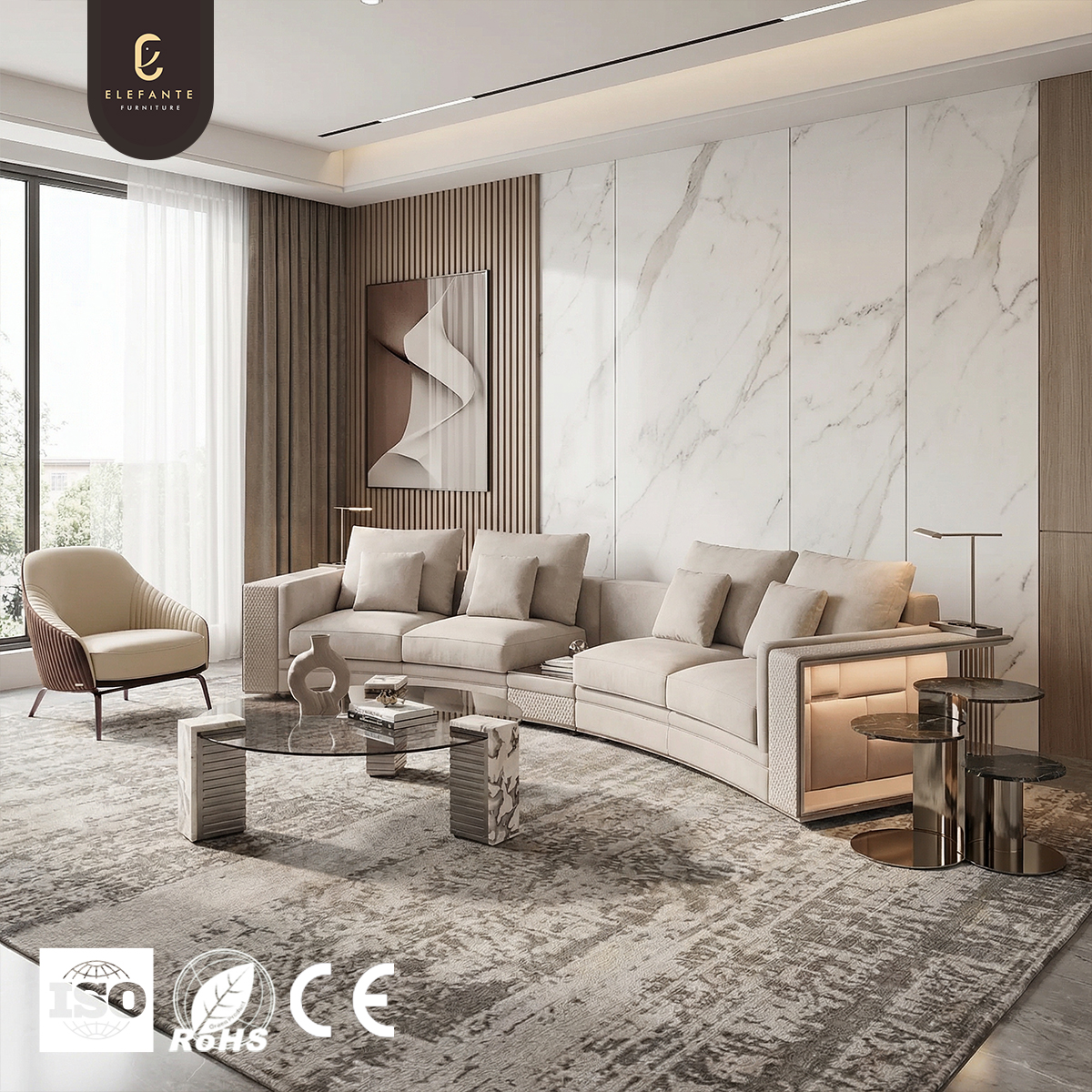 Luxury Curved Sectional Sofa with Built in LED Light Premium Beige Fabric Couch for Modern Living Room and Villa Spaces