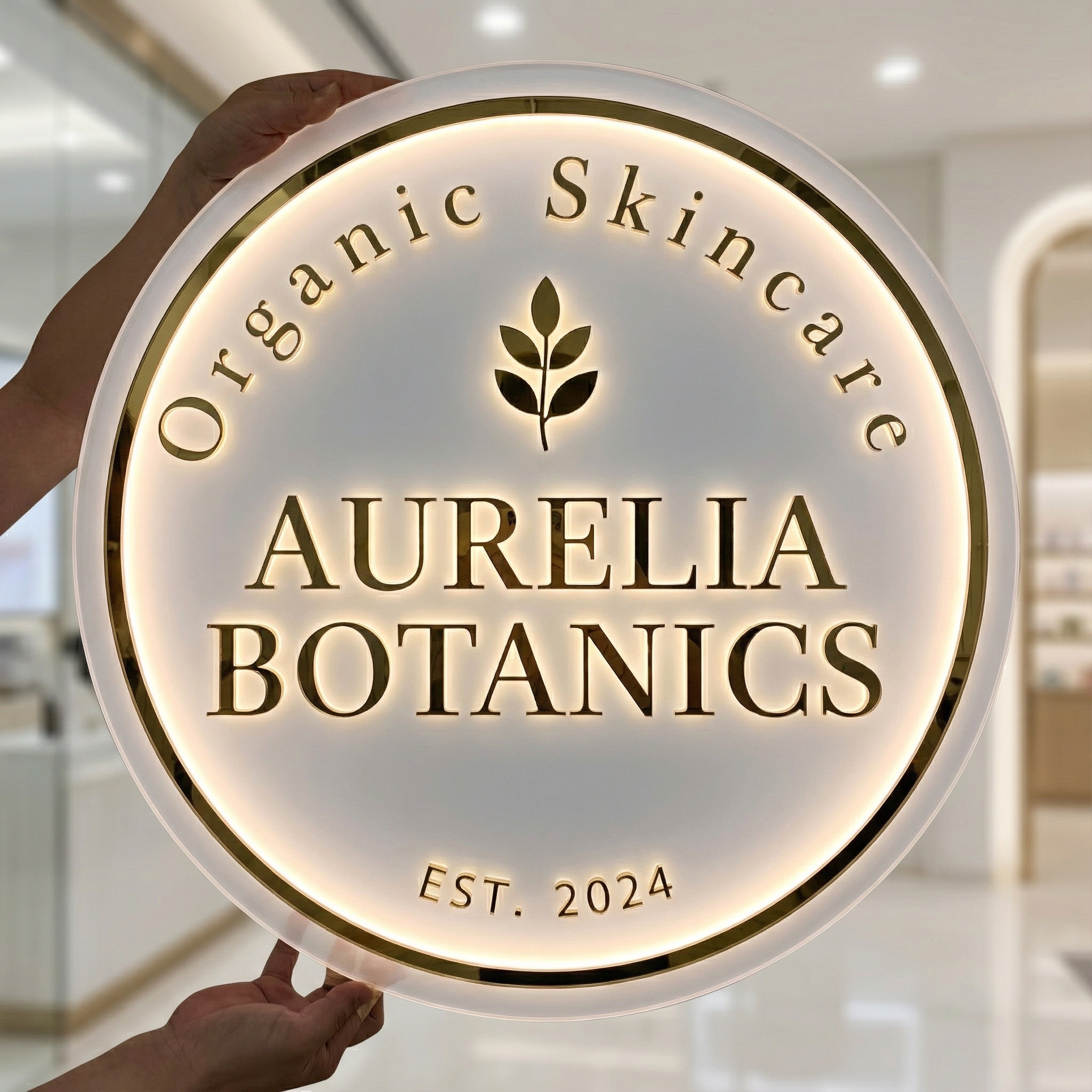 New Luxury 3D Backlit Mirror Gold Acrylic Logo Sign Custom for Boutique Beauty Salon, Spa, Hair Studio Reception Wall